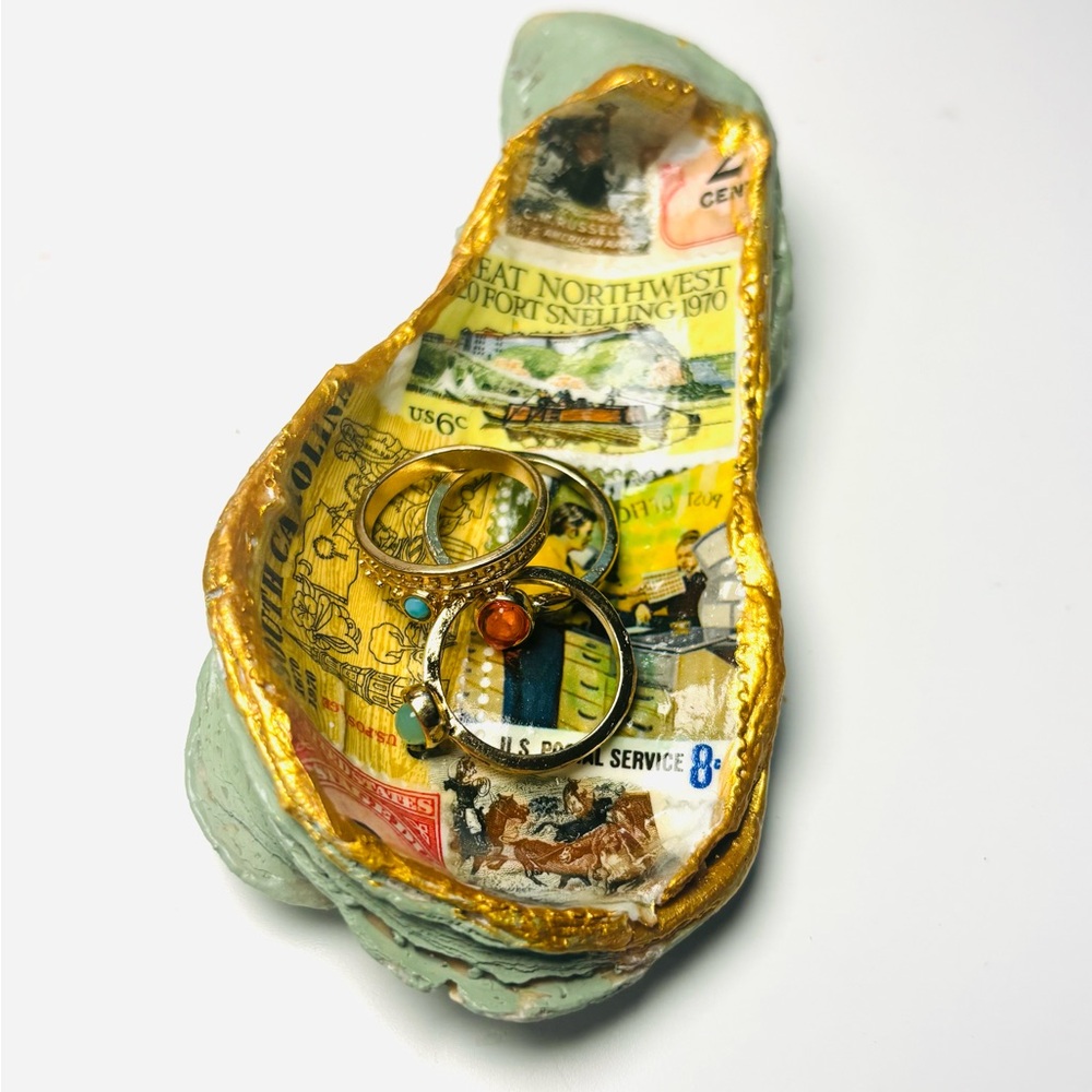 Handcrafted Oyster Shell Trinket Tray With Vintage Decoupage Stamp Design - Picture 3 of 6